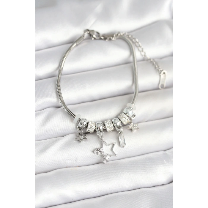 Pirinç Gümüş Renk Yıldız Charmlı Kadın Bileklik