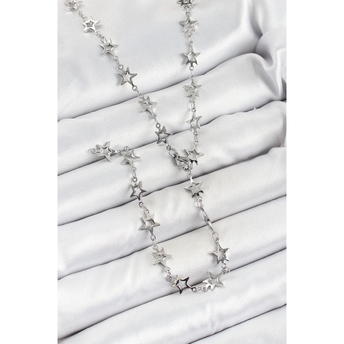 Pirinç Gümüş Renk Yıldızlı Kadın Y Kolye