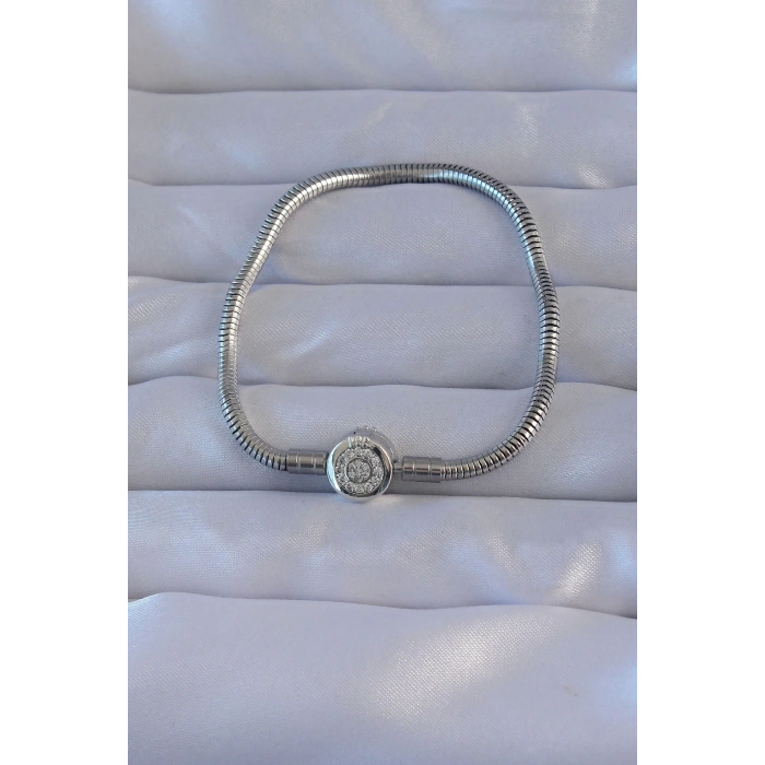 Pirinç Gümüş Renk Zirkon Taşlı Charm Bileklik
