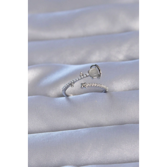 Pirinç Gümüş Renk Zirkon Taşlı İncili Satürn Model Ayarlanabilir Yüzük