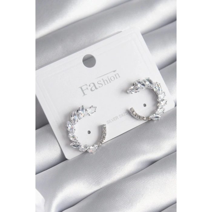 Pirinç Gümüş Renk Zirkon Taşlı Kadın Küpe