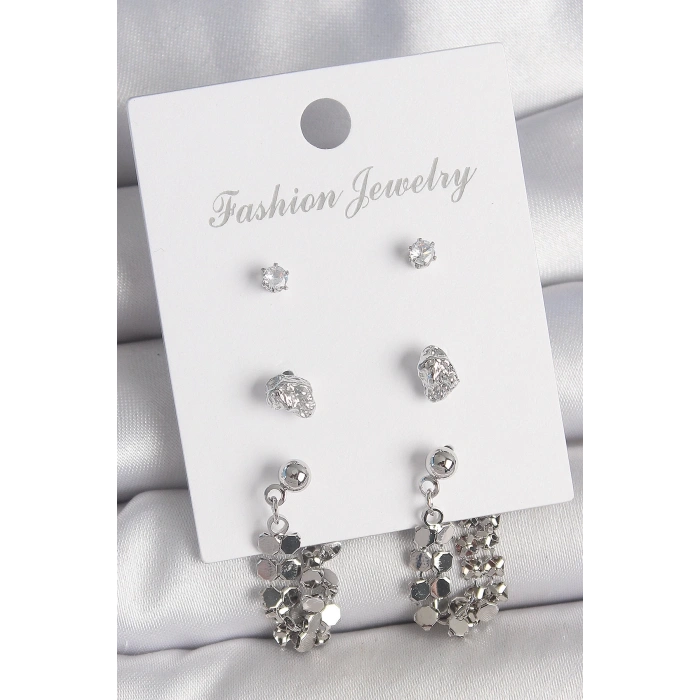 Pirinç Gümüş Renk Zirkon Taşlı Pullu Sallantılı Model 3 Çift Kadın Küpe Seti