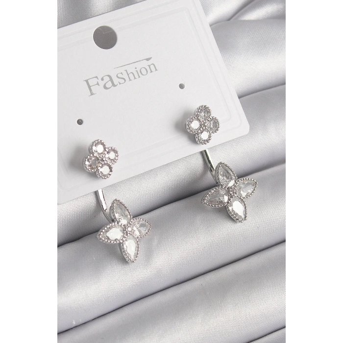 Pirinç Gümüş Renk Zirkon Taşlı Yonca Model Kadın Küpe