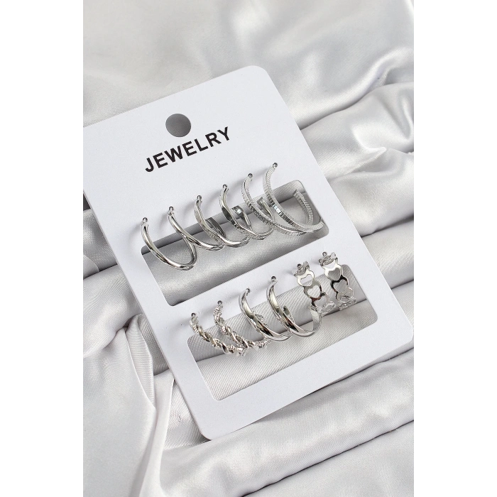 Pirinç Karışık Halka Model Gümüş Renk 6 Çift Kadın Küpe Set