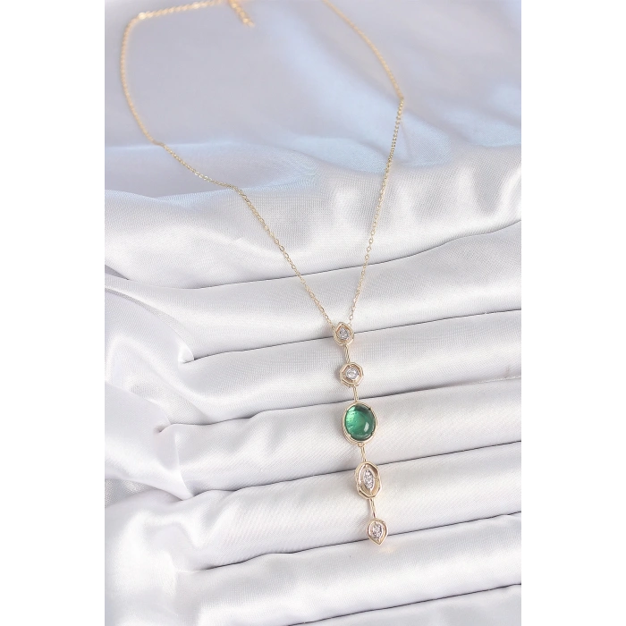 Pirinç Zincir Zümrüt Yeşil Gold Renk Zirkon Taşlı Y Kolye