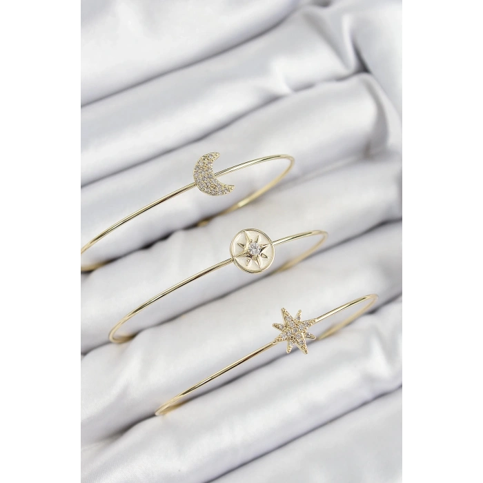Pirinç Zirkon Taşlı Ay Ve Kutup Yıldızı Model Gold Renk Vip 3lü Kadın Bileklik