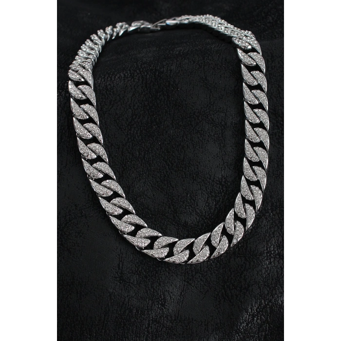 Pirinç Zirkon Taşlı Cuba Gurmet Model Gümüş Renk Erkek Kolye