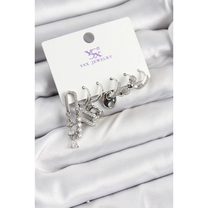 Pirinç Zİrkon Taşlı Dikdörtgen Model Gümüş Renk 3lü Çift Kadın Küpe