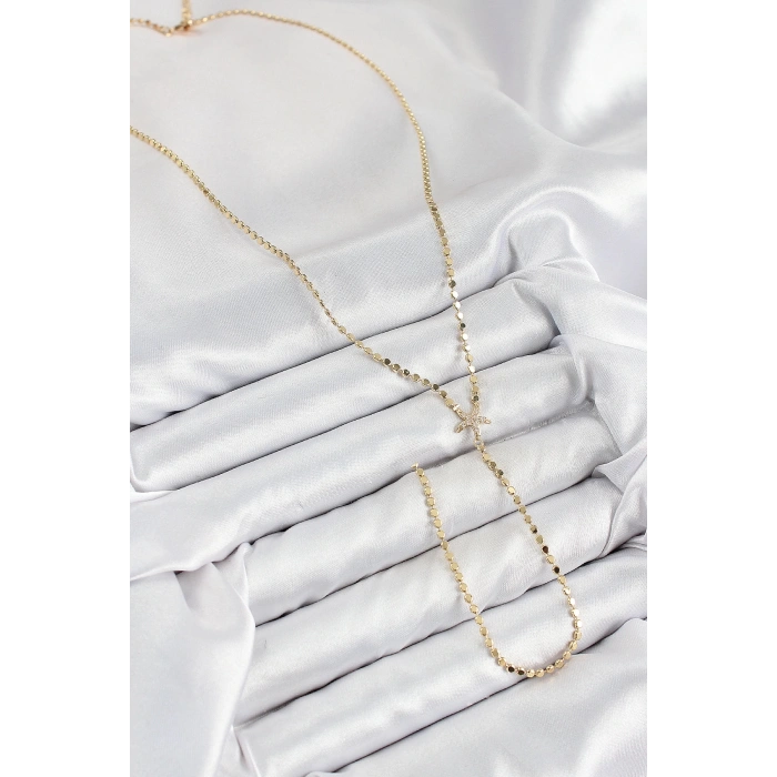 Pirinç Zirkon Taşlı Ezme Zincirli Deniz Yıldızı Model Gold Renk Y Kolye