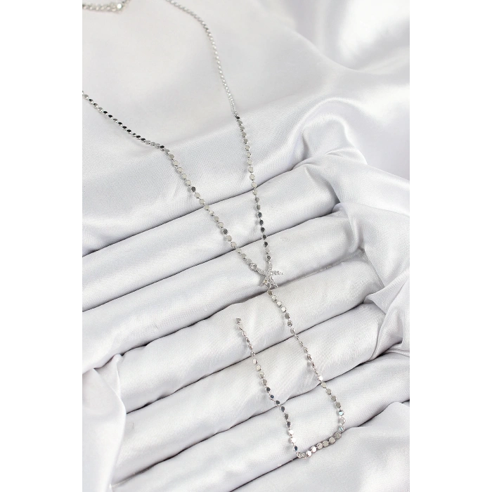 Pirinç Zirkon Taşlı Ezme Zincirli Deniz Yıldızı Model Gümüş Renk Y Kolye