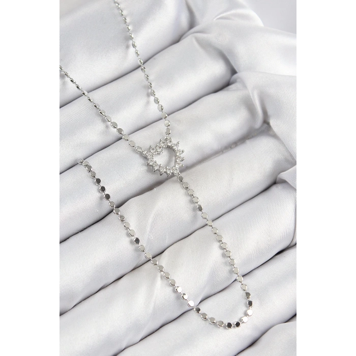 Pirinç Zirkon Taşlı Ezme Zincirli Kalp Model Gümüş Renk Y Kolye