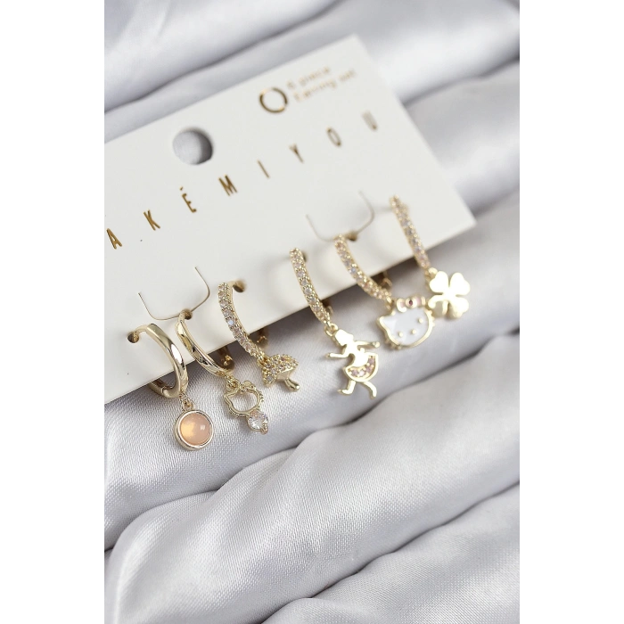Pirinç Zirkon Taşlı Hello Kity Ve Yonca Model Gold Renk 6lı Küpe Set