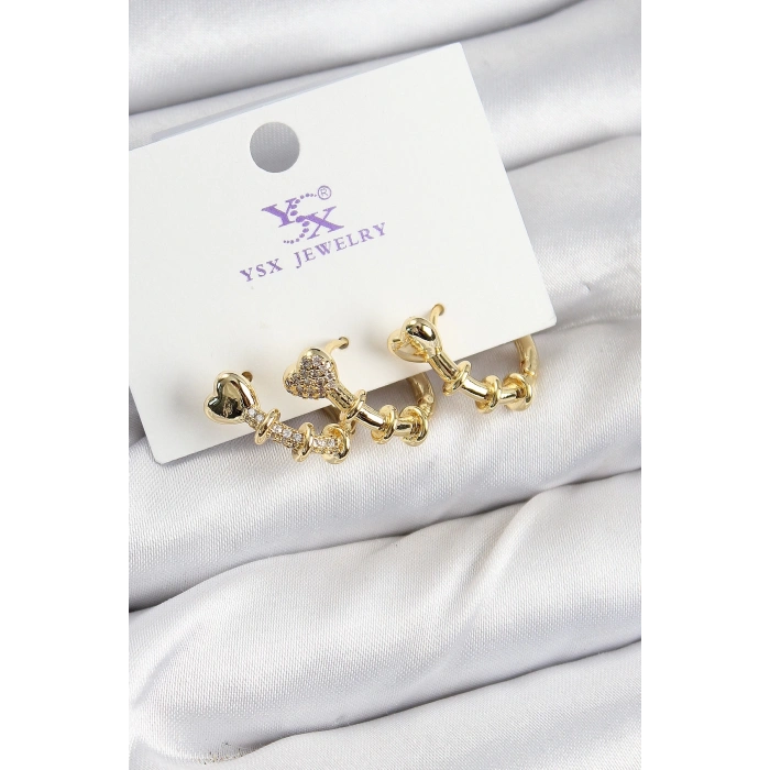 Pirinç Zİrkon Taşlı Kalp Model Gold Renk 3lü Kadın Küpe
