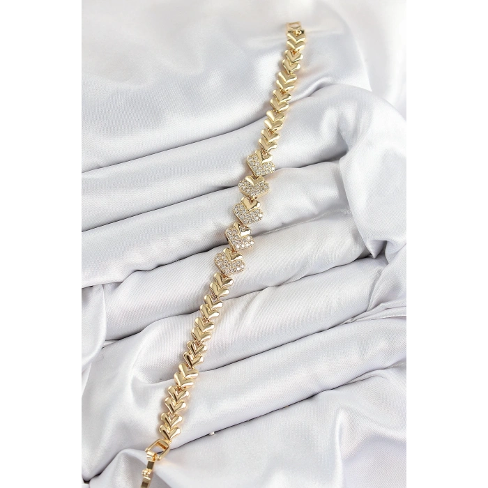 Pirinç Zirkon Taşlı Kalp Model Gold Renk Kadın Bileklik