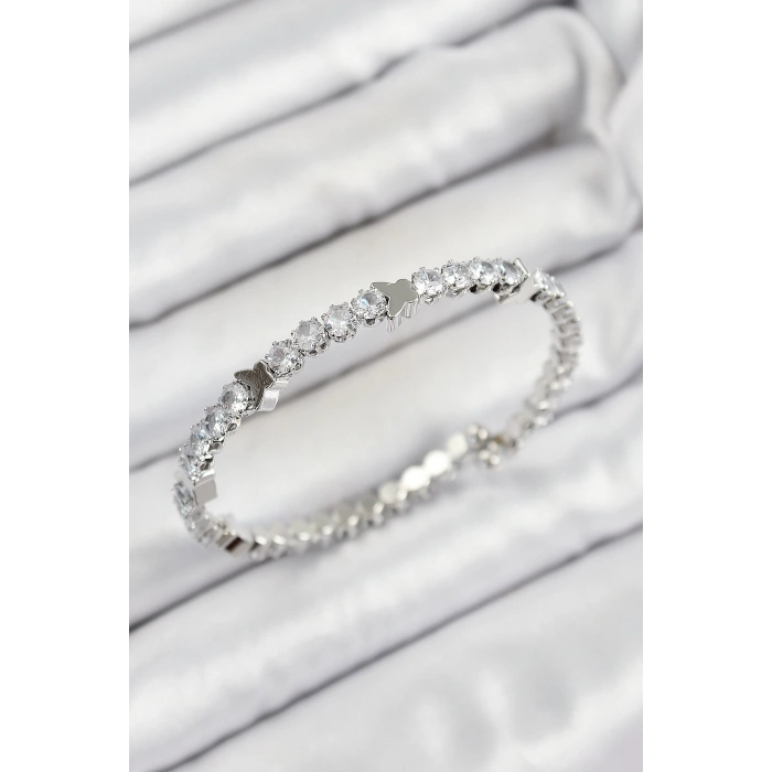 Pirinç Zirkon Taşlı Kalp Model Gümüş Renk Yaylı Kadın Bileklik