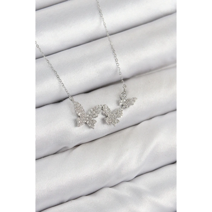 Pirinç Zirkon Taşlı Kelebek Model Gümüş Renk Kadın Kolye
