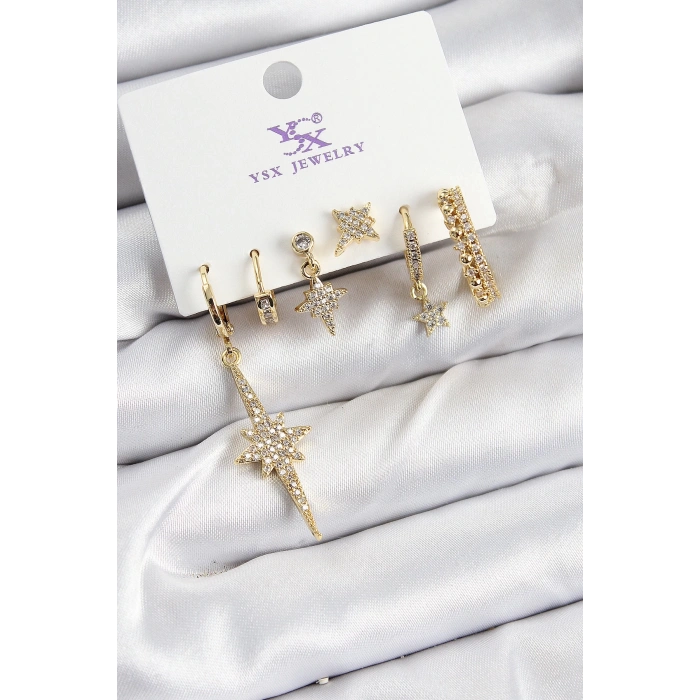 Pirinç Zİrkon Taşlı Kutup Yıldızı Model Gold Renk 3lü Çift Kadın Küpe