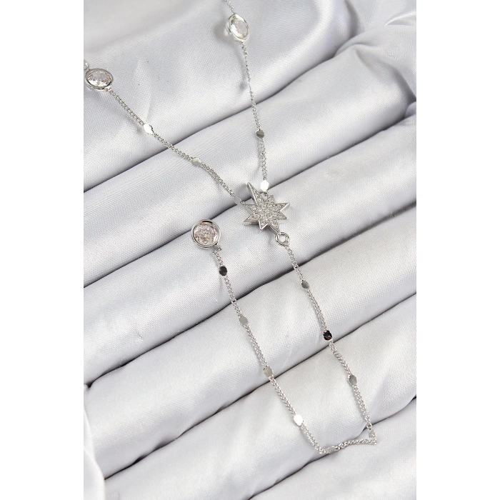 Pirinç Zirkon Taşlı Kutup Yıldızı Model Gümüş Renk Y Kolye