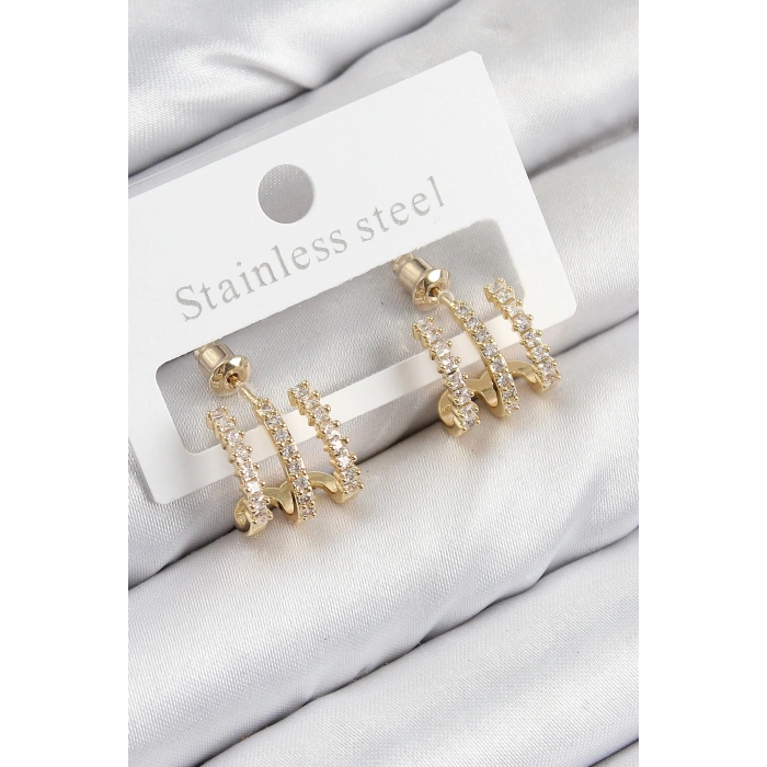 Pirinç Zirkon Taşlı Model Gold Renk Kadın Küpe