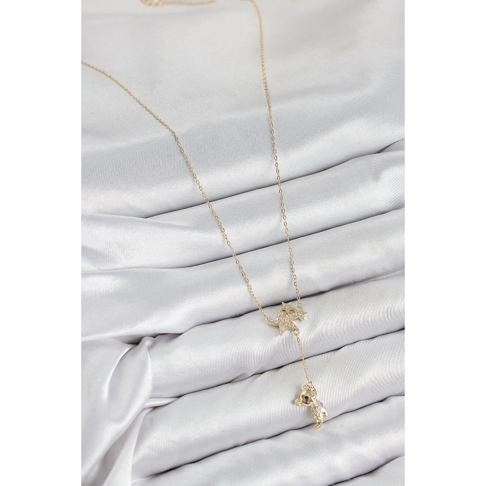 Pirinç Zirkon Taşlı Sallantılı Ayıcıklı Yıldız Model Gold Renk Kadın Kolye