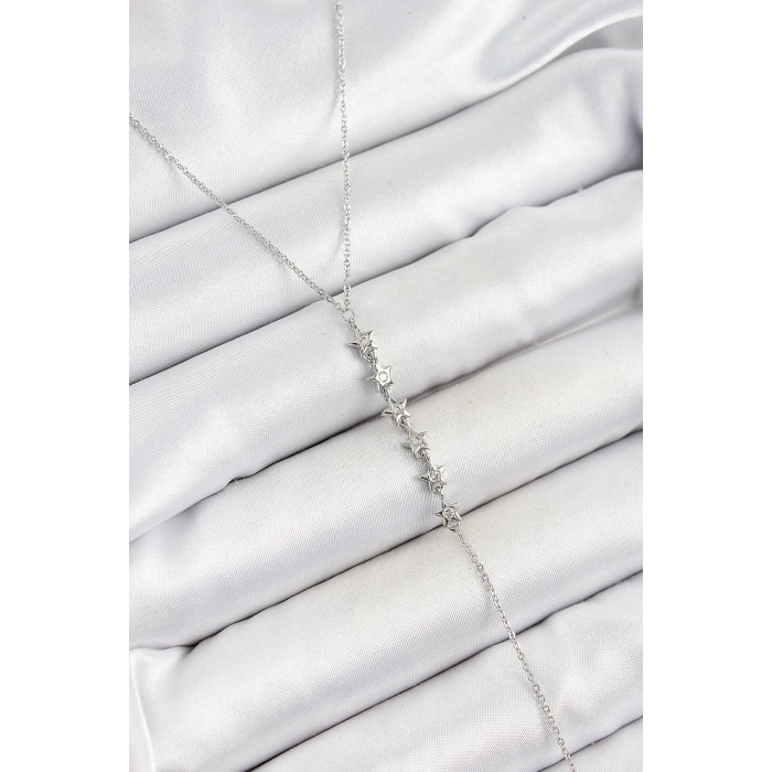 Pirinç Zirkon Taşlı Sıralı Yıldız Figürlü Y Model Gümüş Renk Kadın Kolye