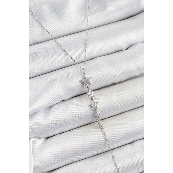 Pirinç Zirkon Taşlı Sıralı Yıldız Figürlü Y Model Gümüş Renk Kadın Kolye