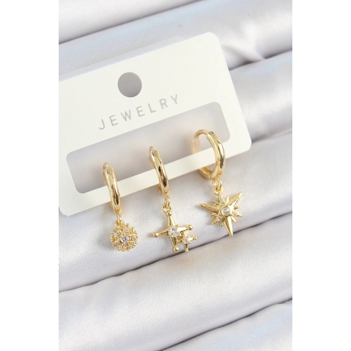 Pirinç Zirkon Taşlı Yıldız Model Gold Renk 3lü Çift Kadın Küpe Set