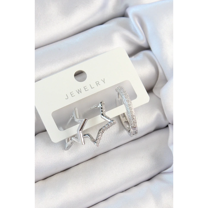 Pirinç Zirkon Taşlı Yıldız Ve Halka Model Gümüş Renk 3lü Çift Kadın Küpe Set