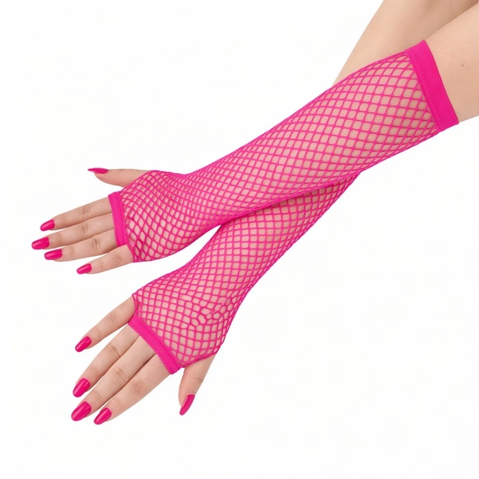 Retro Neon Fuşya File Parmaksız Eldiven 26 cm