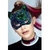 Siyah Kadife Kumaş Üzerine Mavi Yeşil Payetli Pullu Parti Maskesi 16x14 Cm