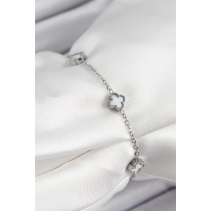 316L Çelik Beyaz Sedef Yonca Model Gümüş Renk Kadın Bileklik