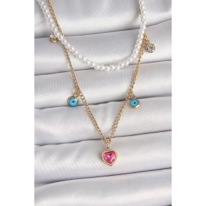 316L Çelik Gold Renk 2Li İnci Zincir Model Pembe Taşlı Kalp Figür Nazar Boncuk Detay Kadın Kolye
