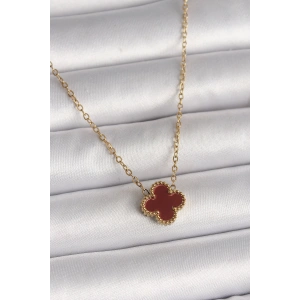 316L Çelik Gold Renk Bordo Yonca Model Kadın Kolye