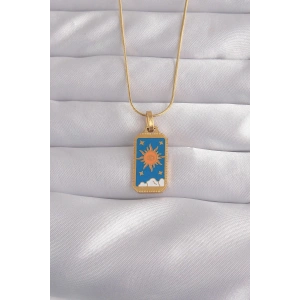 316l Çelik Gold Renk Mavi Mineli Güneş Model Tarot Kolye