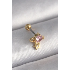 316L Çelik Gold Renk Pembe Zirkon Taşlı Sallantı Yıldız Detay Tragus Piercing