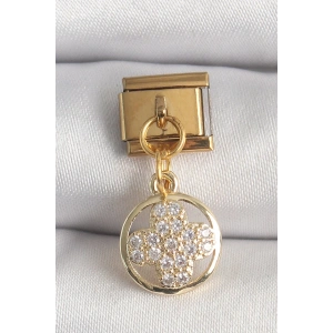 316L Çelik Gold Renk Sallantı Zirkon Taşlı Yonca Model Nomination Charm