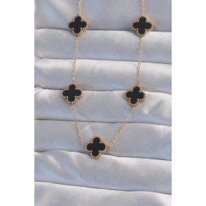 316l Çelik Gold Renk Siyah Mineli Yonca Kolye