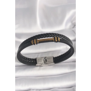 316L Çelik Gold Renk ZikZak İşlemeli Aksesuarlı Çift Sıra Burgu Desenli Deri Kordon Erkek Bileklik