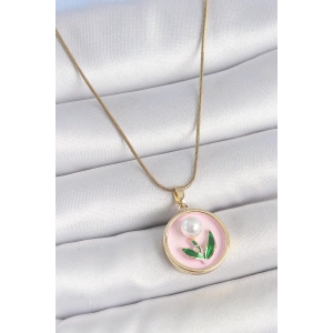 316L Çelik Gold Renk Zincir Pembe Mineli İncili Çiçek İşlemeli Portre Model Kadın Kolye