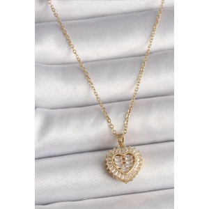 316l Çelik Gold Renk Zincir Zirkon Taşlı Kalp Model Kadın Kolye