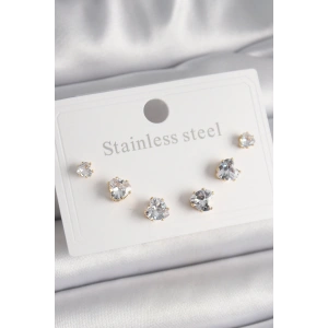 316L Çelik Gold Renk Zirkon Taşlı Kalp Model Kadın Küpe Seti