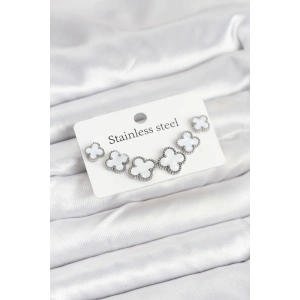 316L Çelik Gümüş Beyaz Renk 3 Boy Yonca Küpe Seti