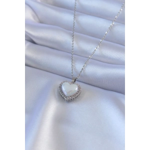 316l Çelik Gümüş Renk İncili Kalp Model Zirkon Taşlı Kadın Kolye