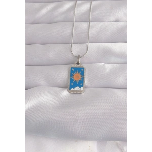 316L Çelik Gümüş Renk Mavi Mineli Güneş Model Tarot Kolye