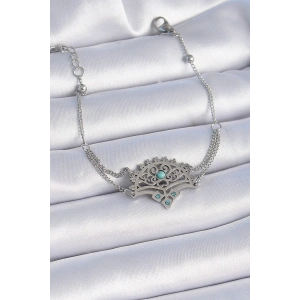 316L Çelik Gümüş Renk Mavi Taşlı Etnik Desen Kadın Bileklik