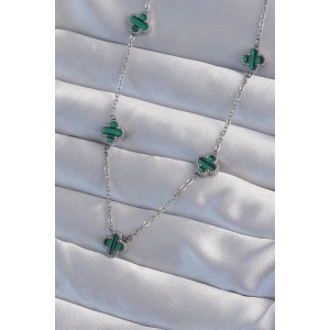 316L Çelik Gümüş Renk Minimal Yeşil Mineli Yonca Kolye