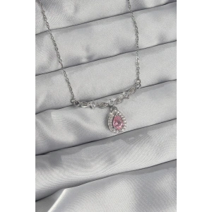 316L Çelik Gümüş Renk Pembe Zirkon Taşlı Damla Kolye