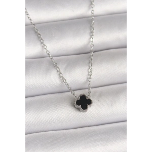 316L Çelik Gümüş Renk Siyah Yonca Model Kadın Kolye