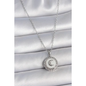 316L Çelik Gümüş Renk Zincir Beyaz Mineli Hilal İşlemeli Madalyon Model Kadın Kolye