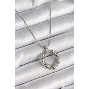 316l Çelik Gümüş Renk Zincir Zirkon Taş Detaylı Bombeli Halka Model Kadın Kolye
